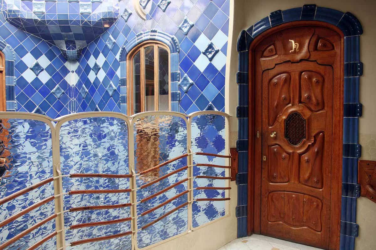 Interior wooden door with blue tiling