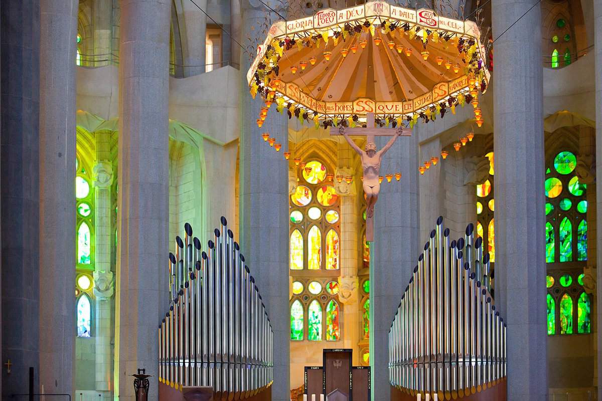 Beautiful interior of the church with colourful lighted areas