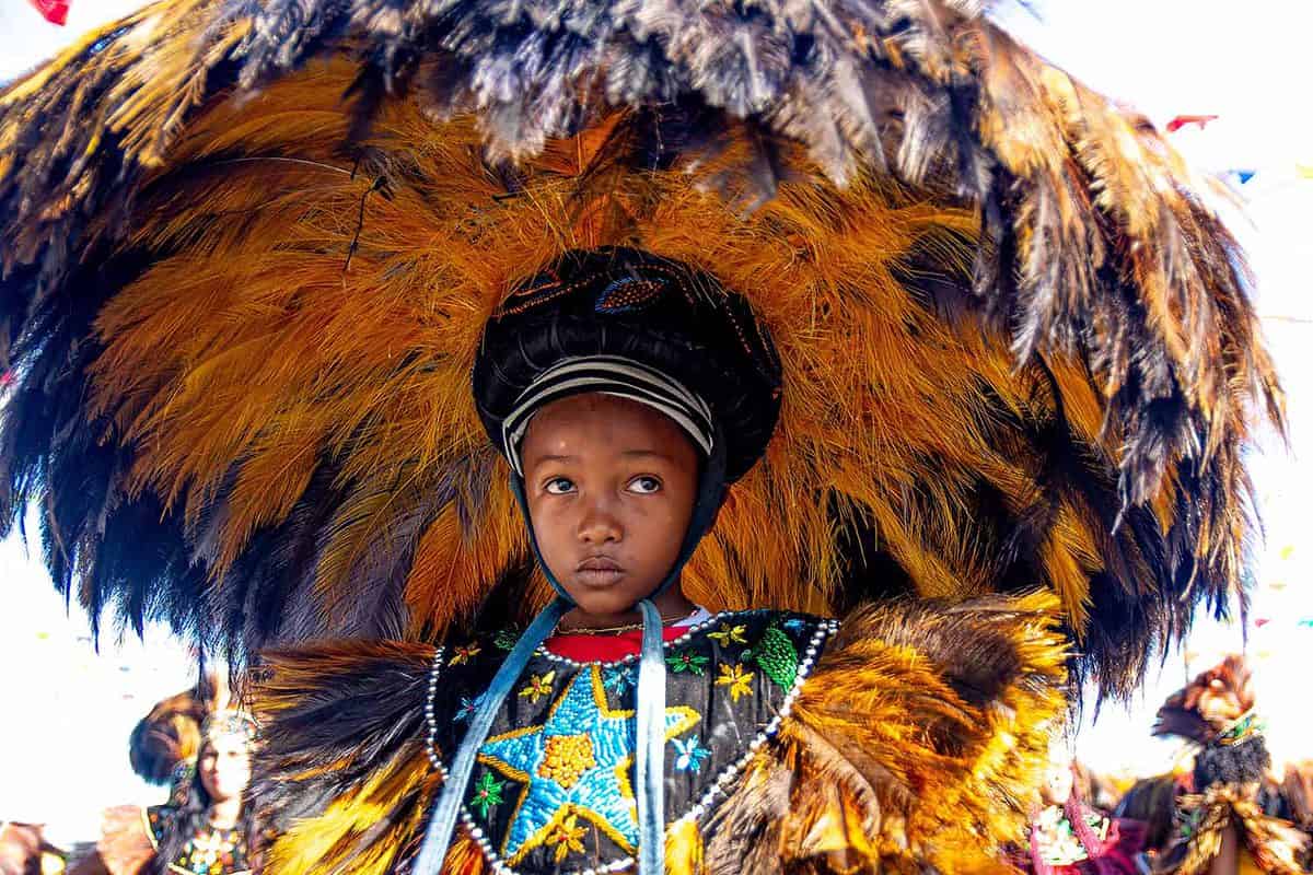 Boy in costume at the popular Commemoration of the Festa do "Bumba Meu Boi", celebrated every June in the State of Maranhão, northeastern Brazil