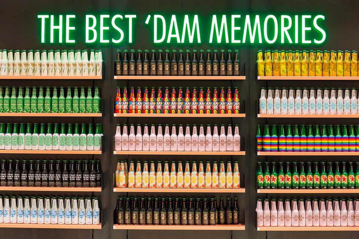 Rows of colourful beer bottles on shelves