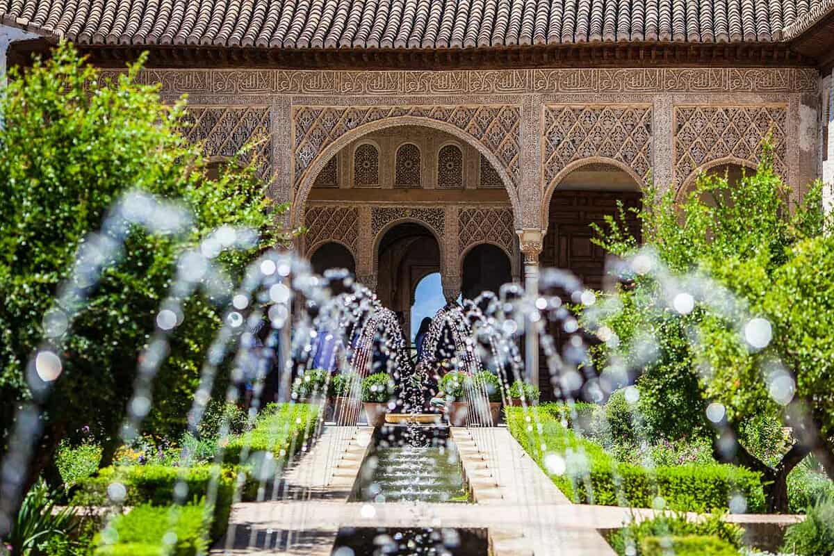 Close up of fountains in the stunning Generalife Courtyard in the Alhambra