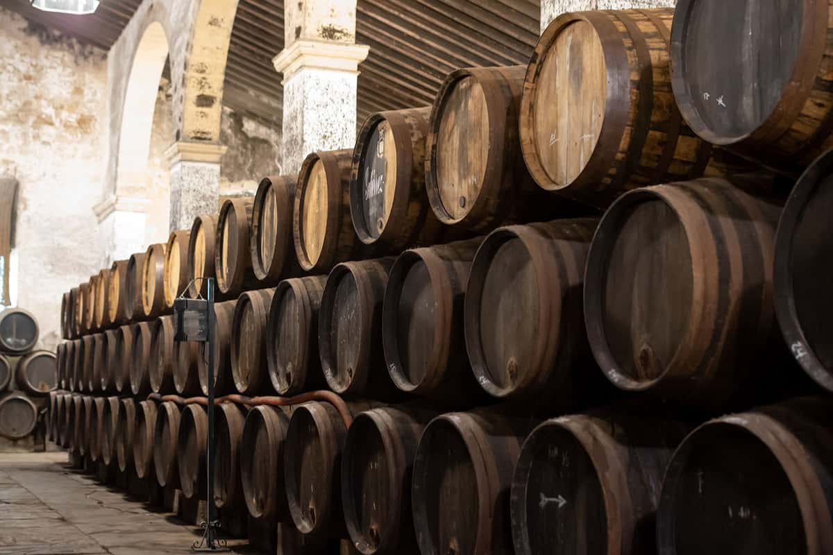 Sherry wine in oak barrels