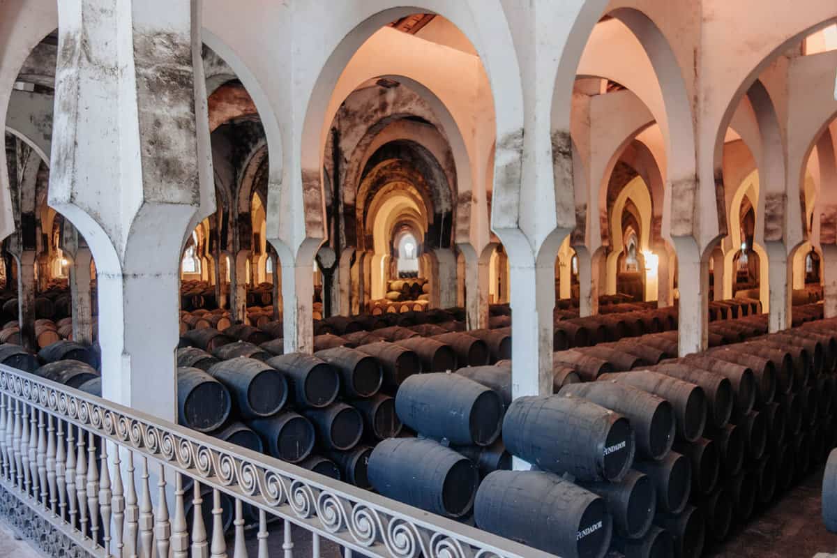 Wooden barrels of sherry being stored