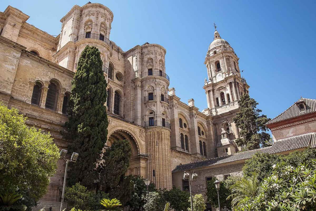 View looking up at the front of the Cathedral from the street