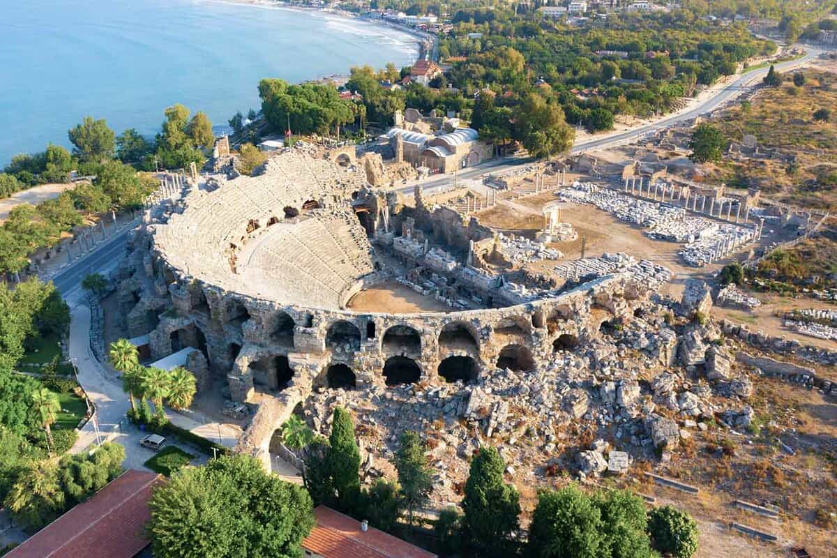 Aerial view of the amphitheater in the ancient Side town, Antalya Province, Turkey