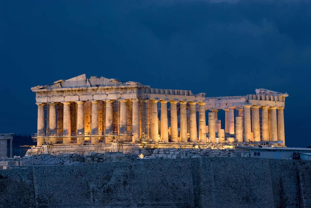 The Parthenon lit up at night