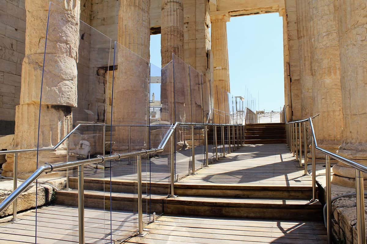 Propylaea, the entrance to the Acropolis, with plexiglass separating two sides of the stairs