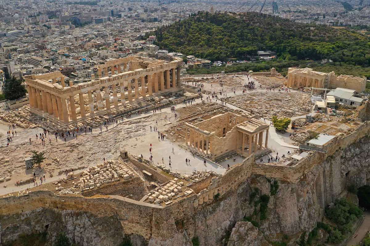 Aerial view of the Parthenon on top of Acropolis hill