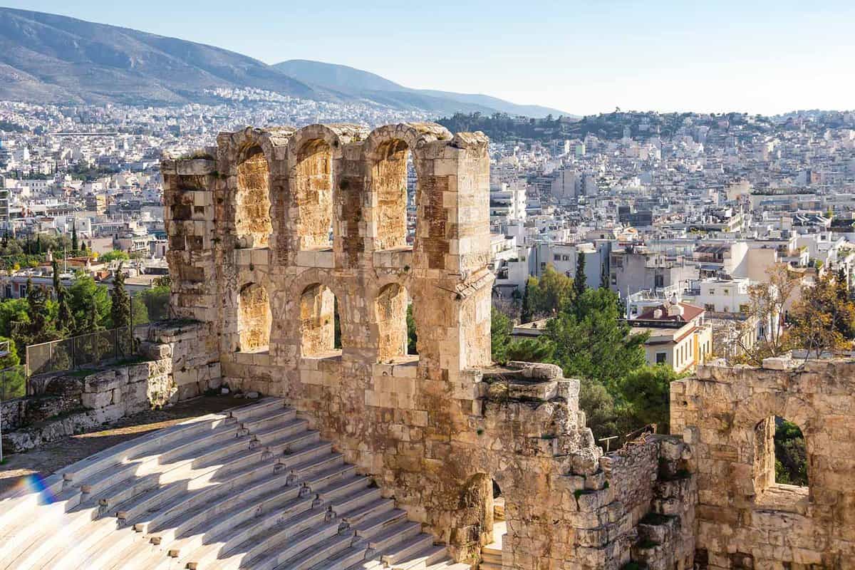 Odeon of Herodes Atticus Roman theater and an aerial view of Athens