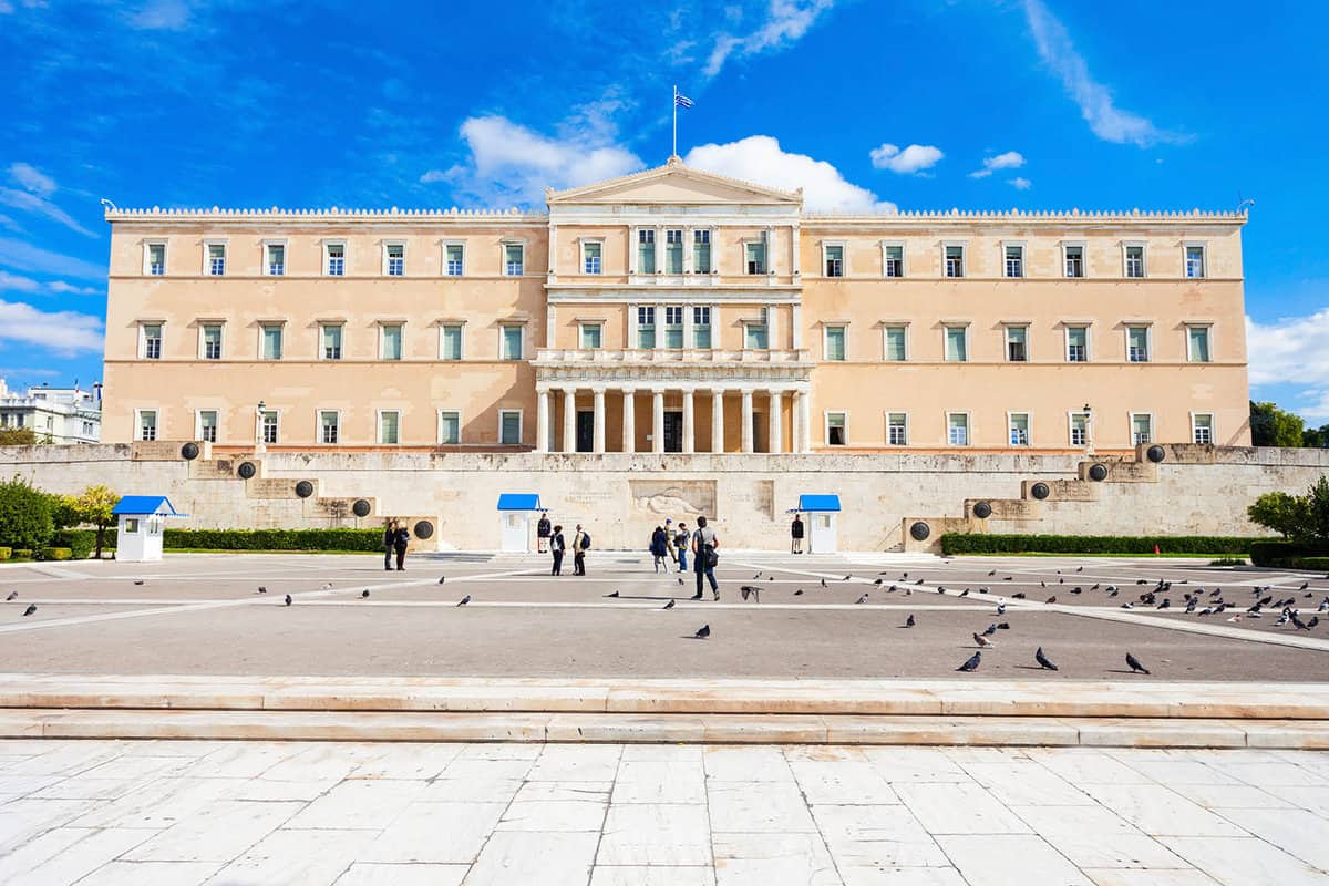 The exterior of the Hellenic Parliament building on Syntagma Square