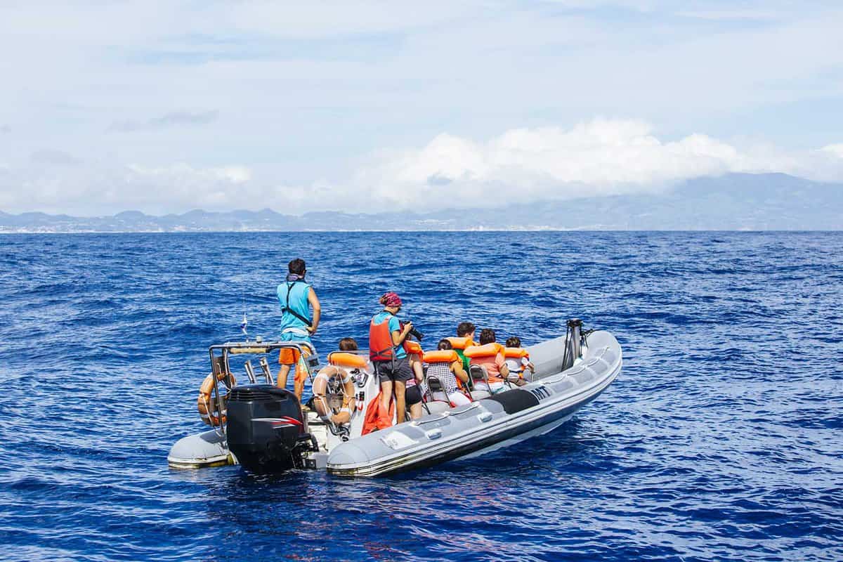 Inflatable boat filled with tourists on a whale watching tour