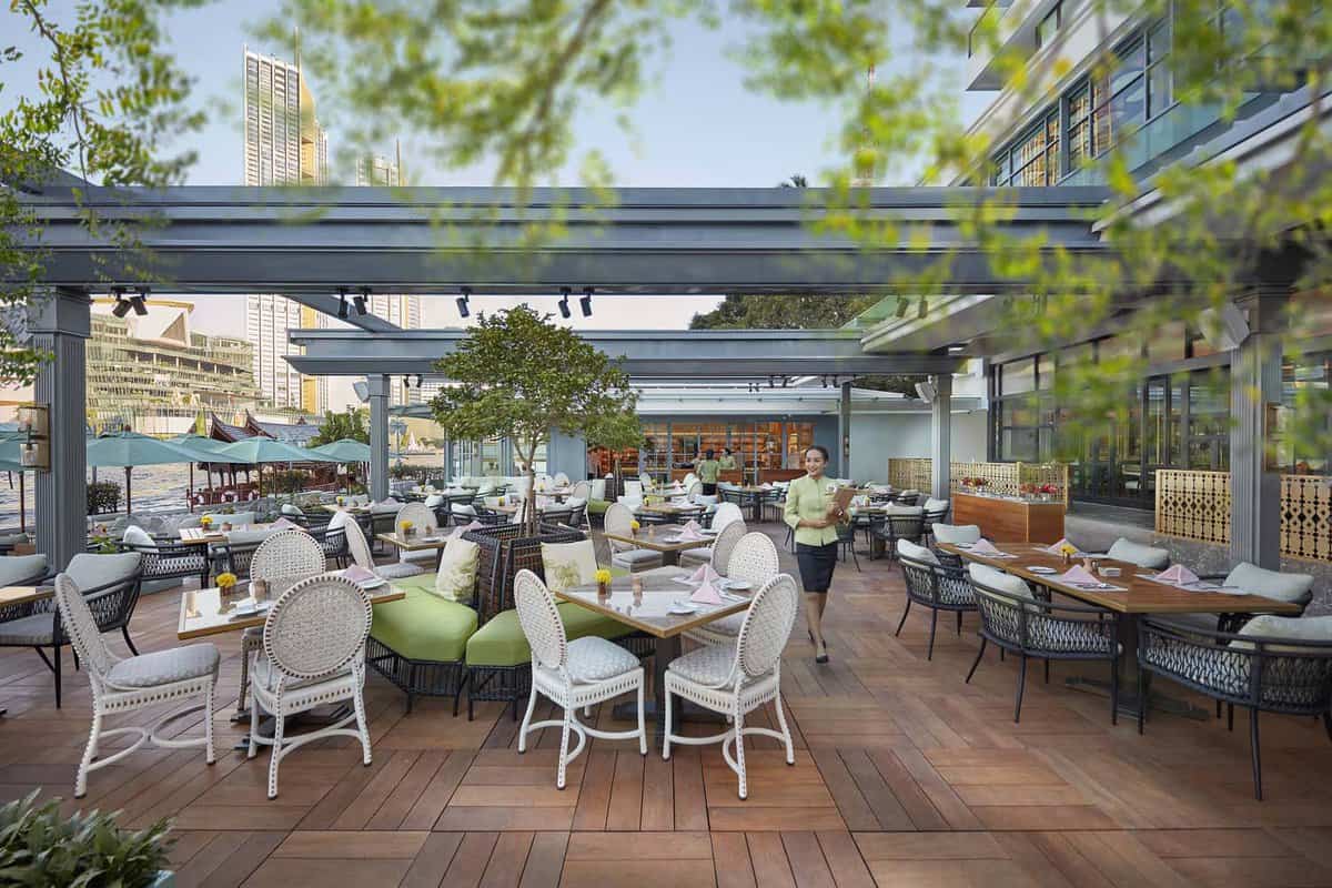 Outdoor terrace with riverside view