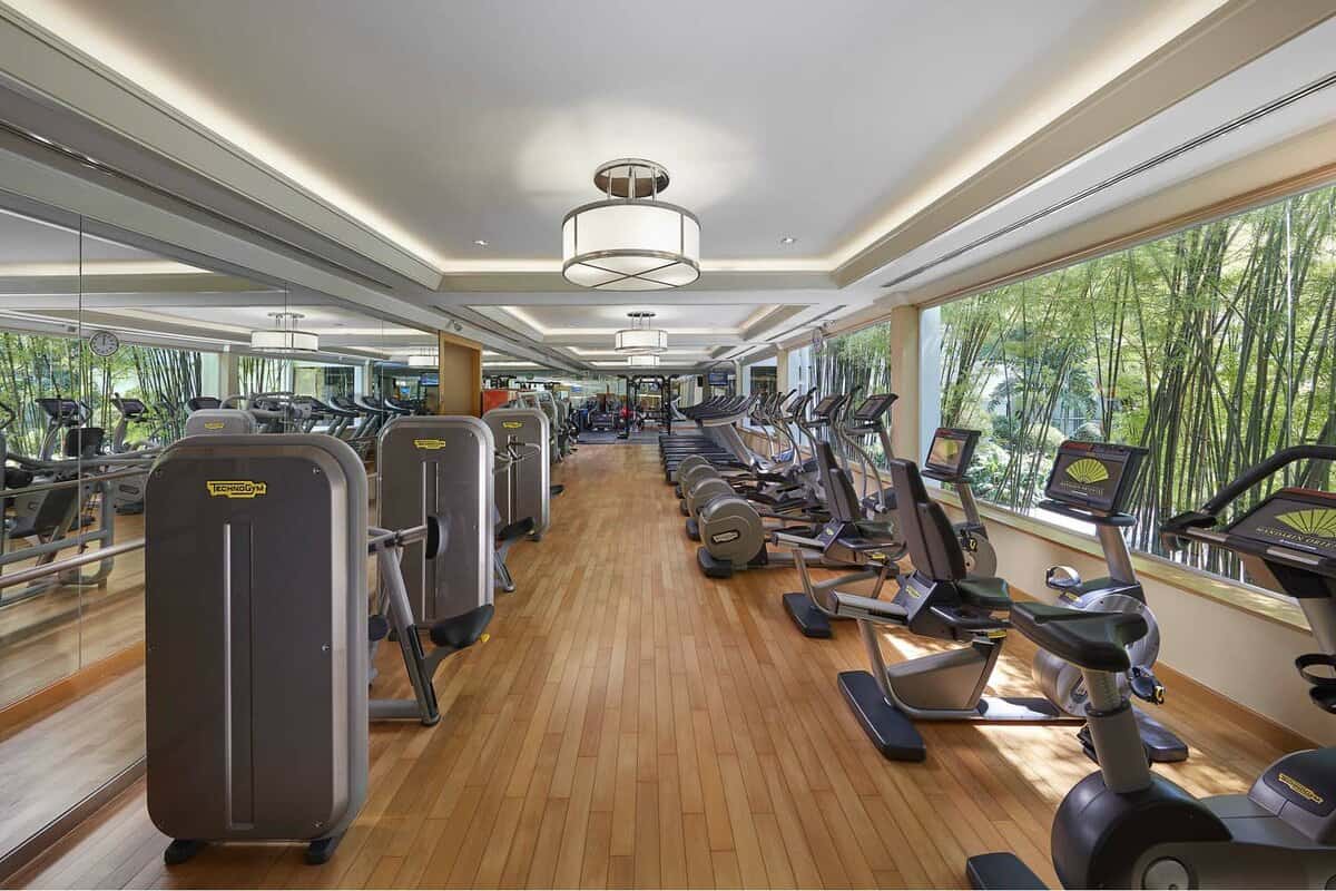 Hotel gym with bamboo reeds outside the windows