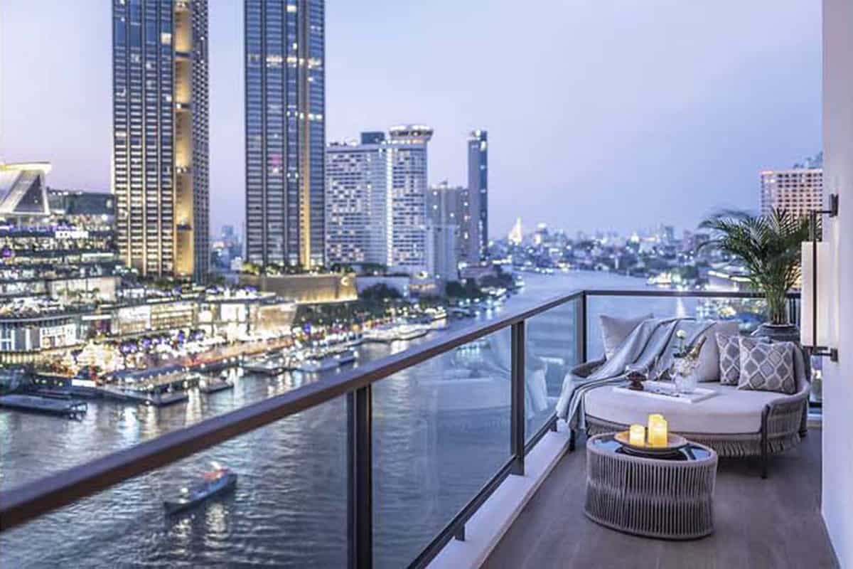 Outdoor terrace at twilight overlooking the river
