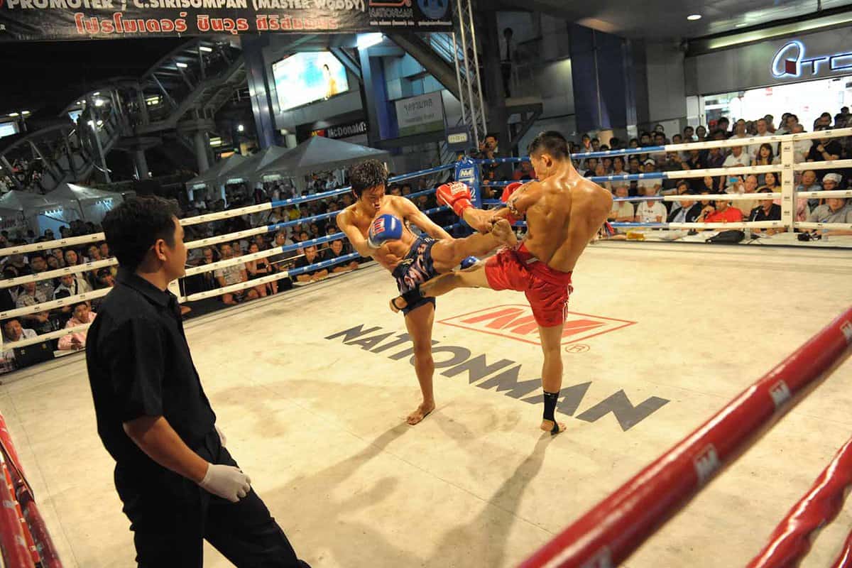Muay Thai fighters in a kickboxing ring