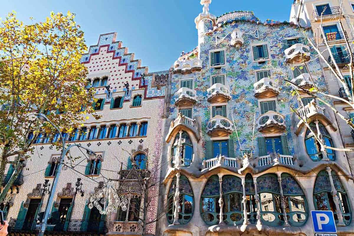 External view of Gaudi's Casa Battlo, and Casa Amatller next door, taken from the street