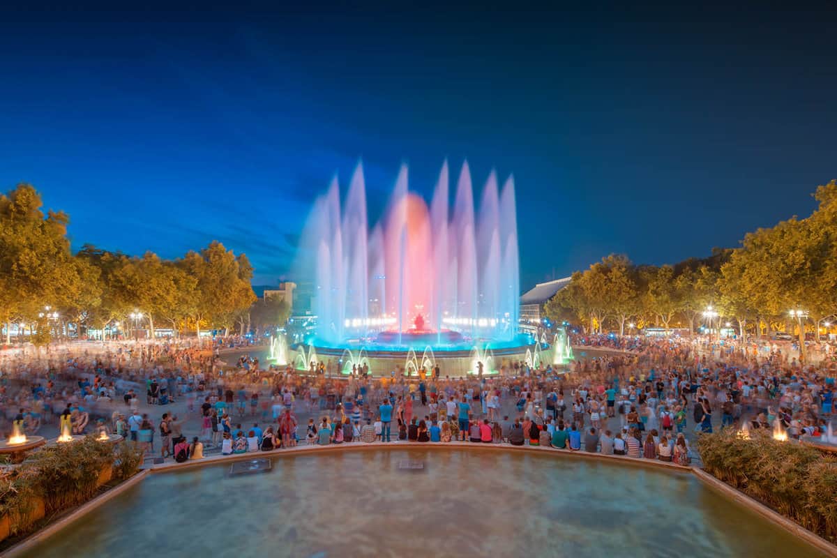 night view with fountain in red and blue colours