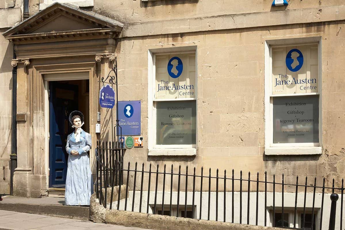 Exterior of the entrance with Jane Austen model standing outside