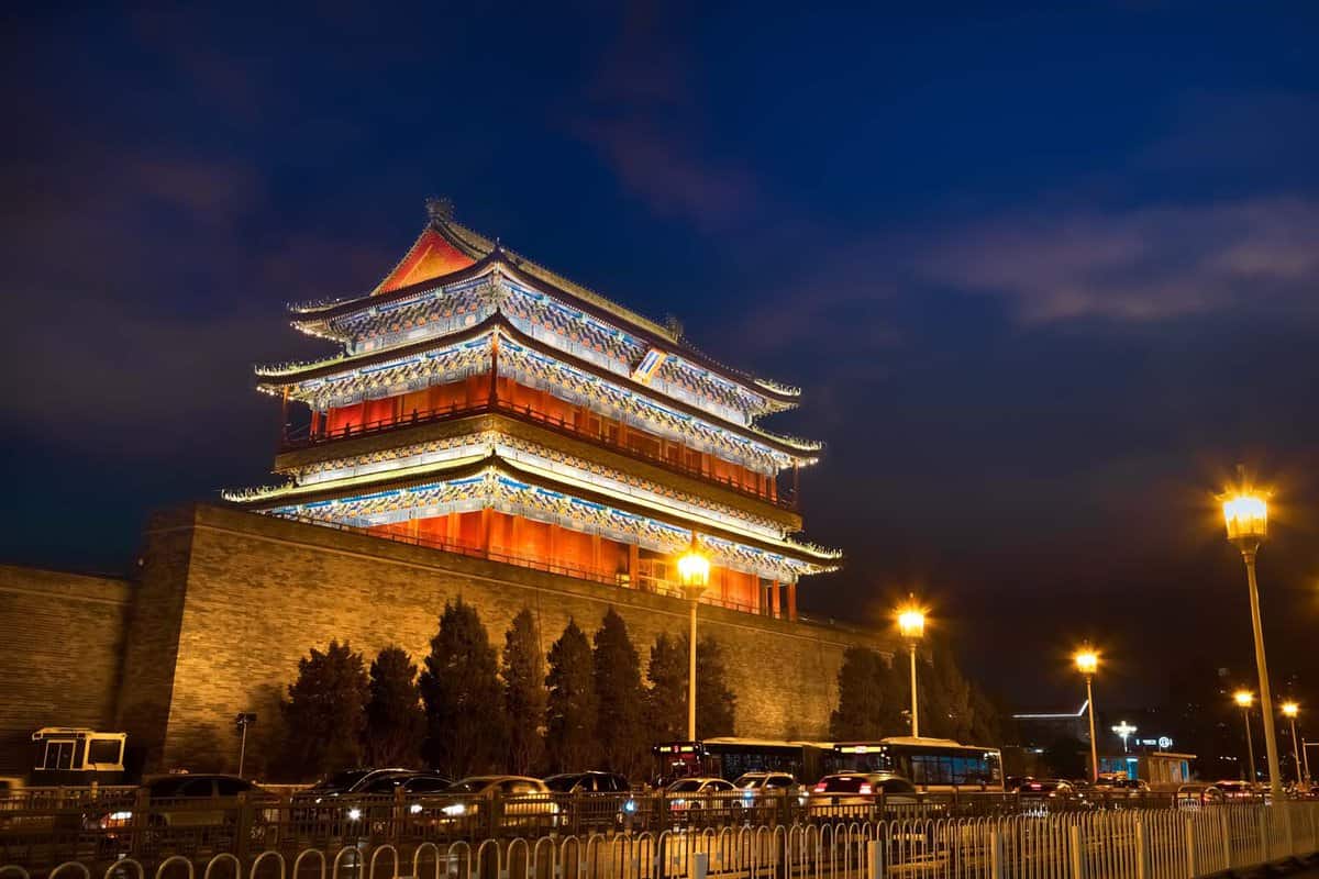 Zhengyangmen Gate lit up at night