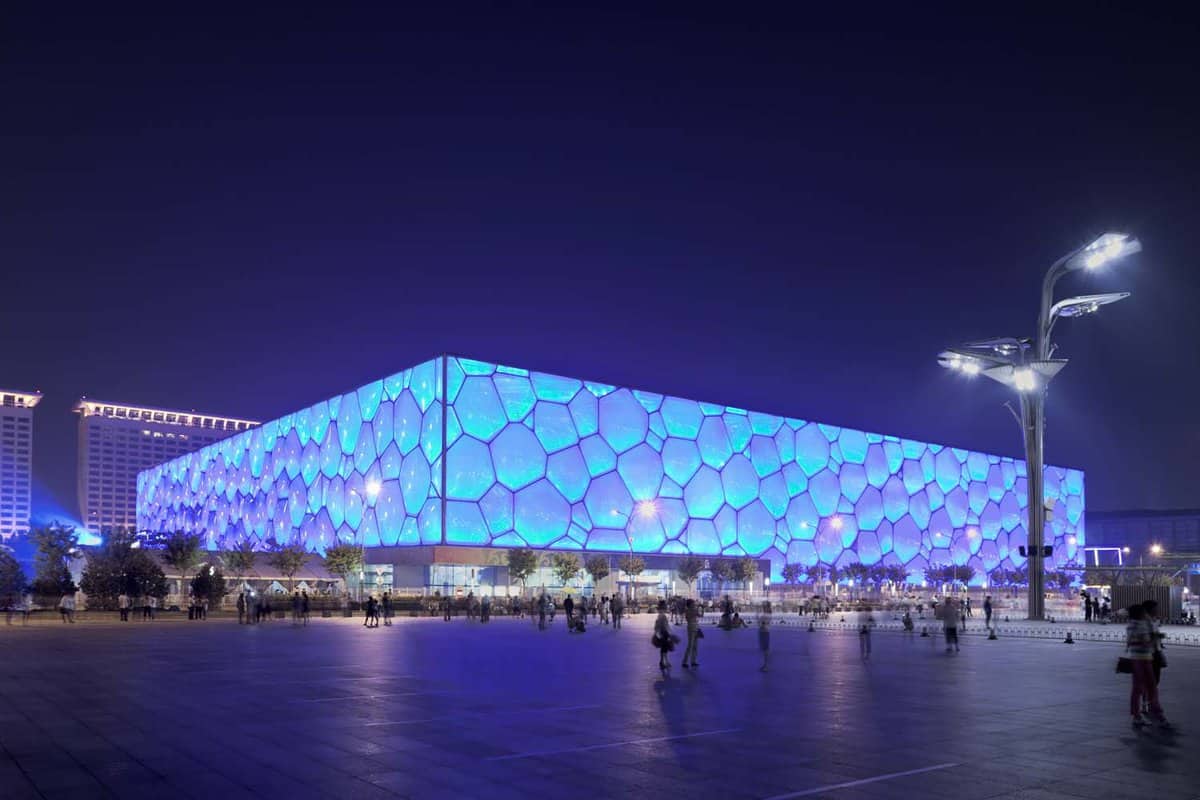 Beijing Water Cube at night time on August 28, 2011. It hosted Olympic swimming and diving events. Its capacity was 17.000m2 and is reduced to 6.000 after the Olympics.