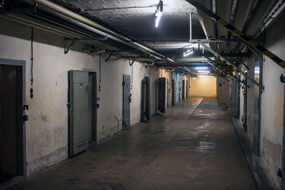 Interior corridor of prison cells in the Hohenschonhausen Memorial