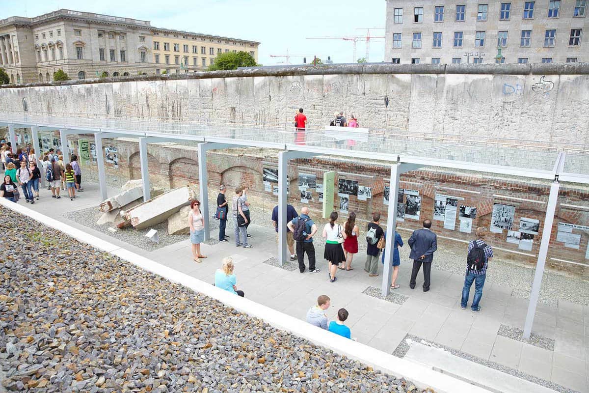 Topography of Terror in Berlin is a modern museum area built on site of 1945 Gestapo and SS headquarters on July 31, 2012 in Berlin. Modern architecture by architect Ursula Wilms