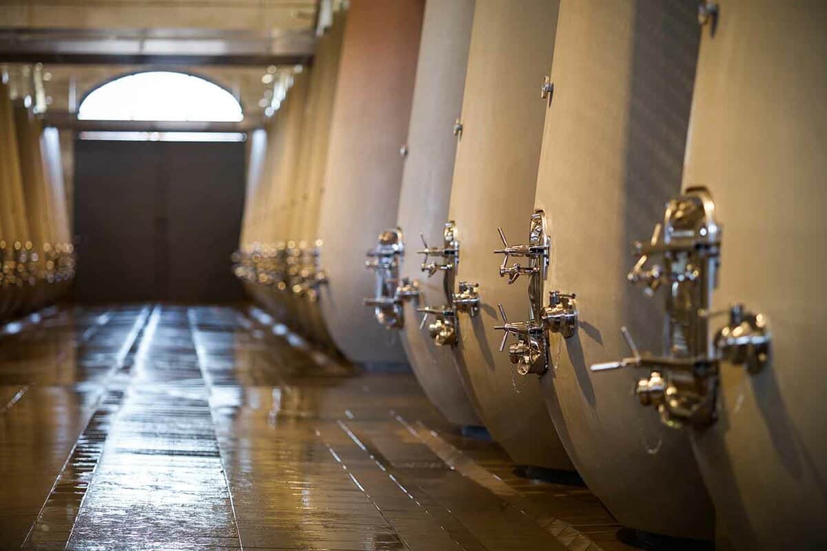 Large containers of wine lined up, each has a metal spout attached