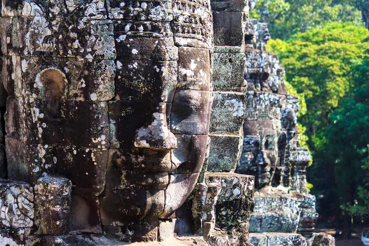 Close up of a weathered outside face on a temple wall