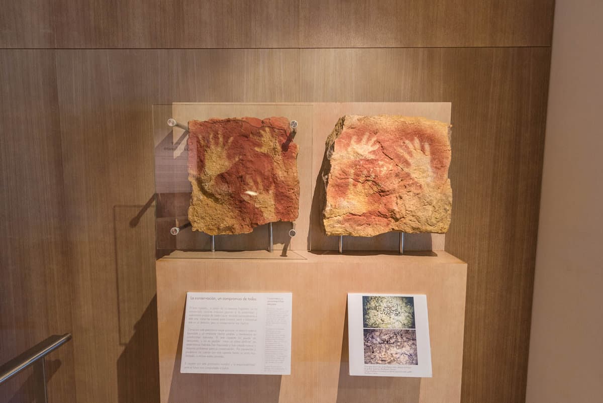samples of stones on display with cave paintings on