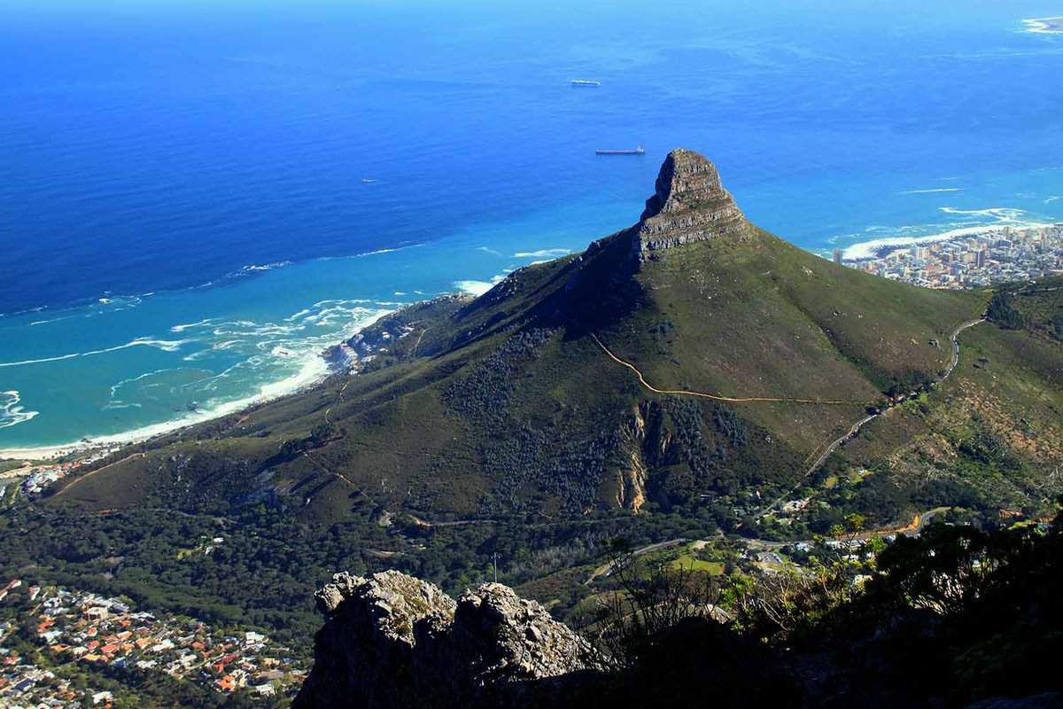 Lions Head and Cape Town, South Africa, as seen from the top of Table Mountain.