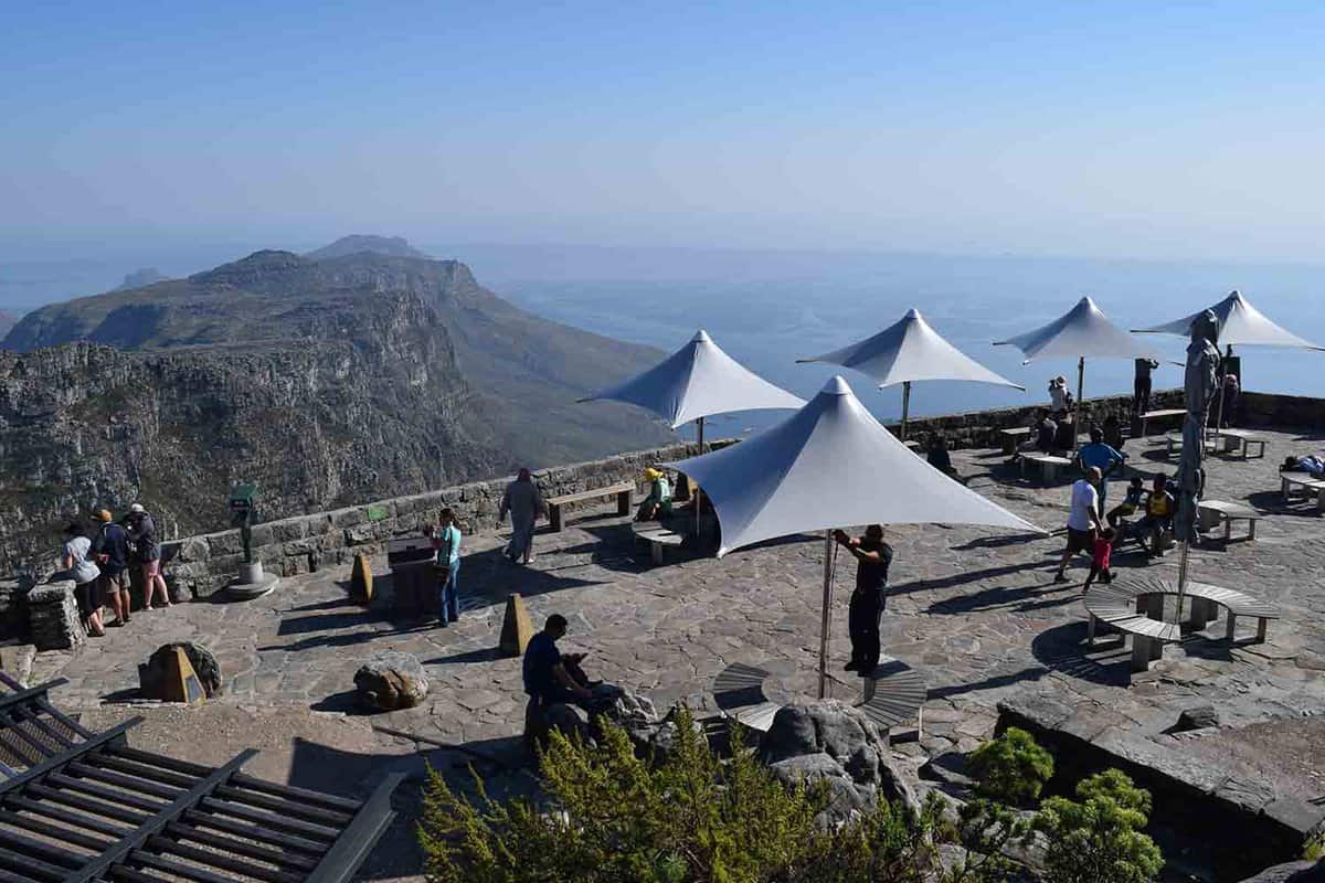 Small cafe seating area at the summit of Table Mountain
