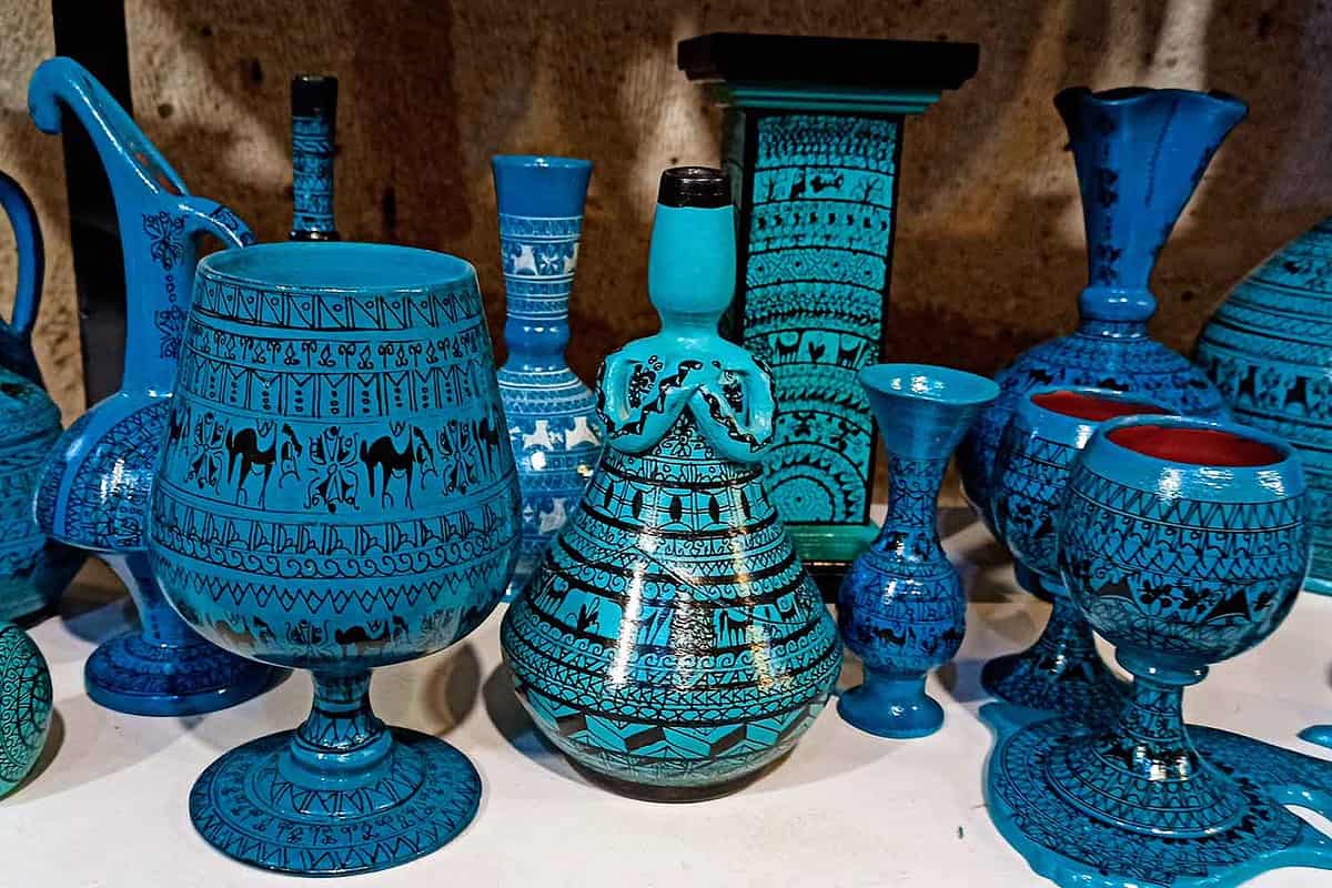 beautiful bright blue ceramic pottery in Avanos, cappadocia