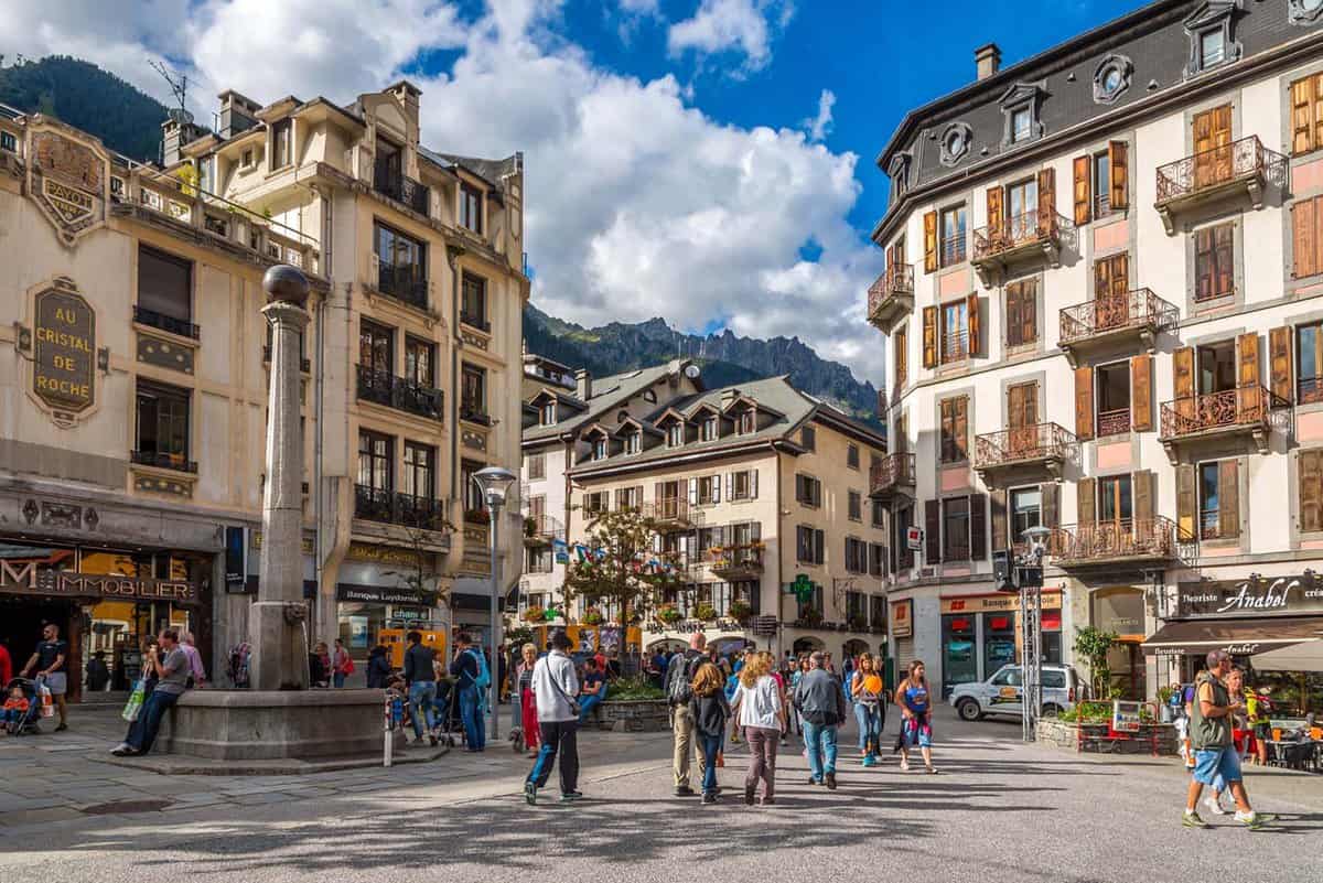 In the streets of Chamonix. Chamonix is situated near the massive peaks of the Aiguilles Rouges and most notably the Aiguille du Midi.