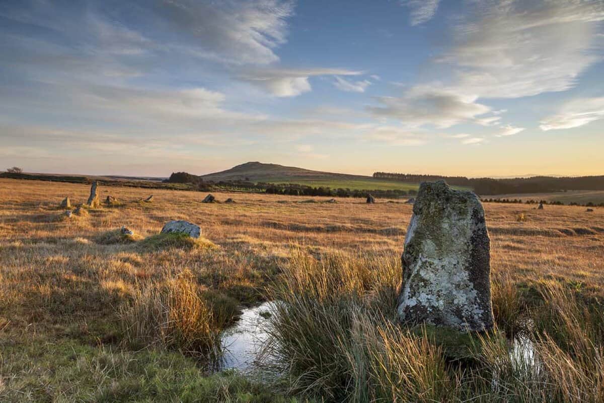 Sunset at the Fernacre Stone Circle at the foot of Roughtor on Bodmin Moor in Cornwall