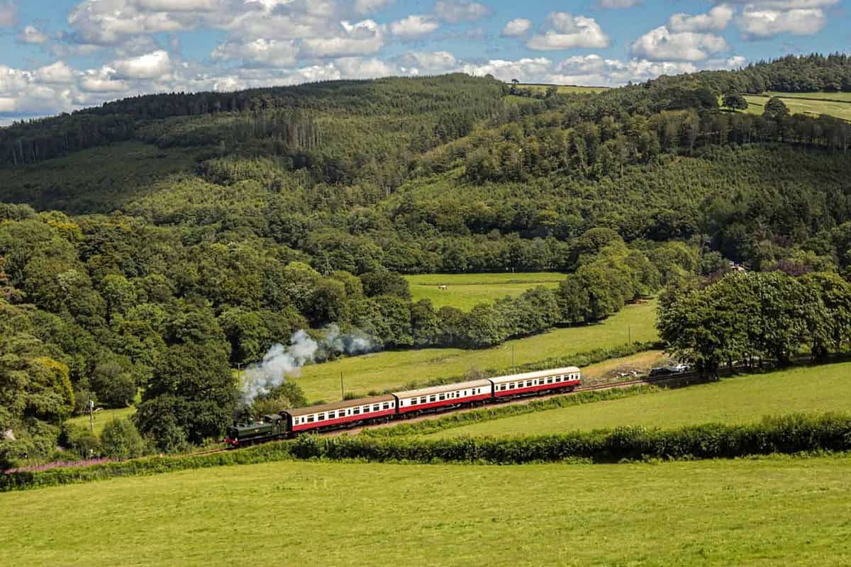 the steam train puffing through a landscape of green fields