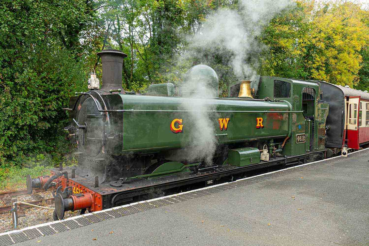 Side view of the green steam locomotive