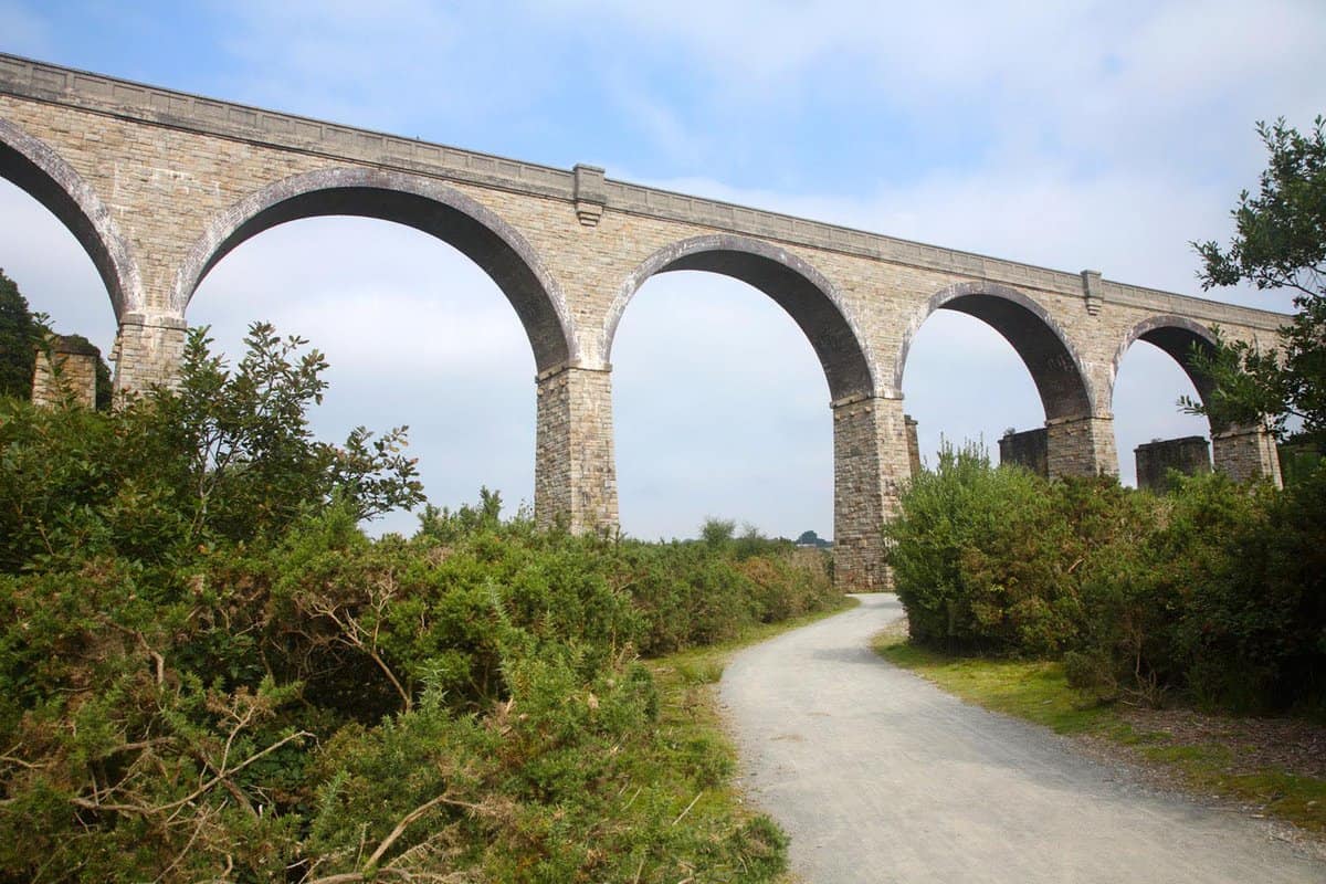 The mineral tramways coast to coast trail cycle path passing underneath the Carnon stone viaduct, built in 1933.