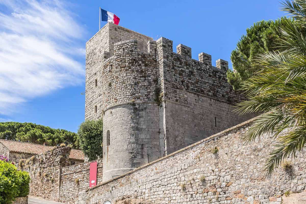 View of medieval Castre Castle. External view of a castle looking up the stone walls. Castre Museum was set up in former Castre Castle, built in 11th century and once inhabited by the Lerins priests