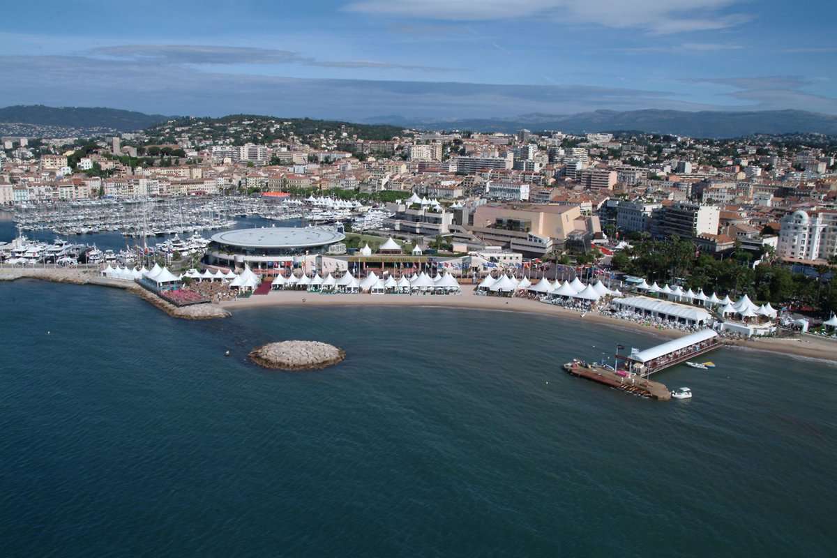 view of the bay of Cannes, showing all of the tents set up around the venue