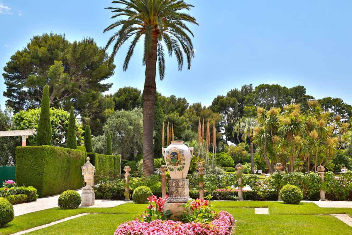 Statues and palm trees in formal gardens