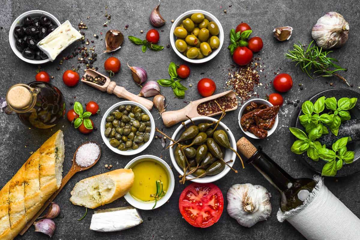 Fresh ingredients of italian food, mediterranean diet, background