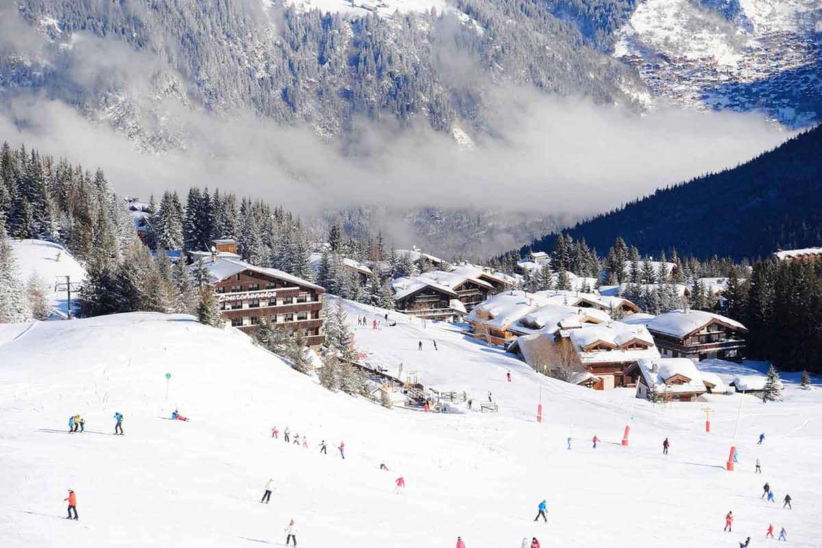 Ski resort village Courchevel in France by winter