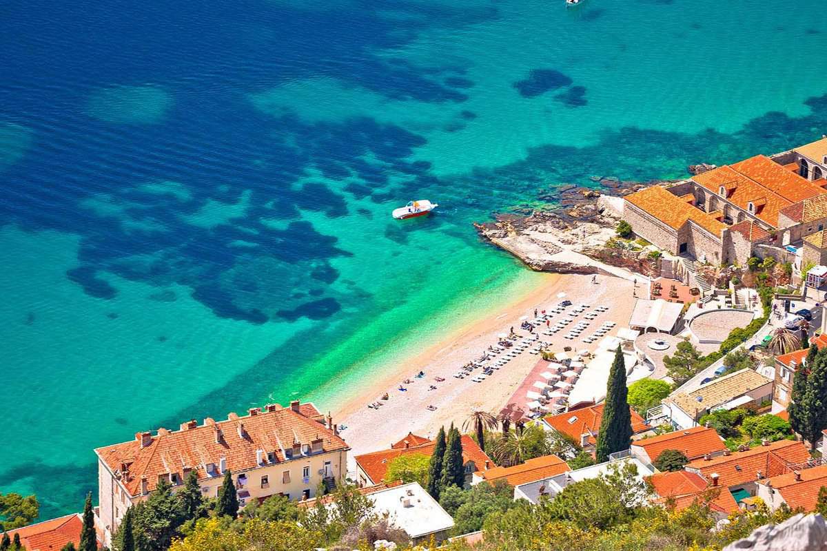 Banje beach in Dubrovnik aerial view, Dalmatia region of Croatia