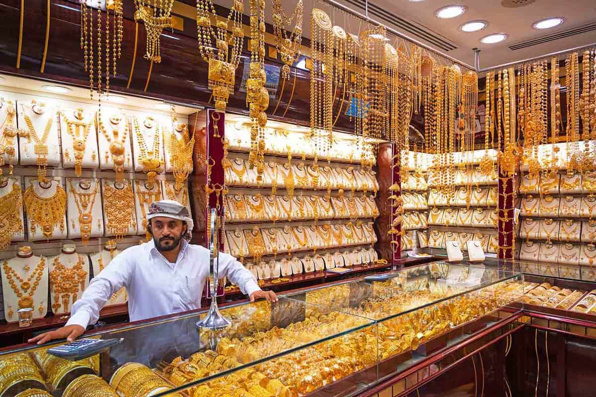 Gold on the famous "Golden souk" in Dubai Deira market. Deira is an old commercial center of Dubai with the biggest street market.