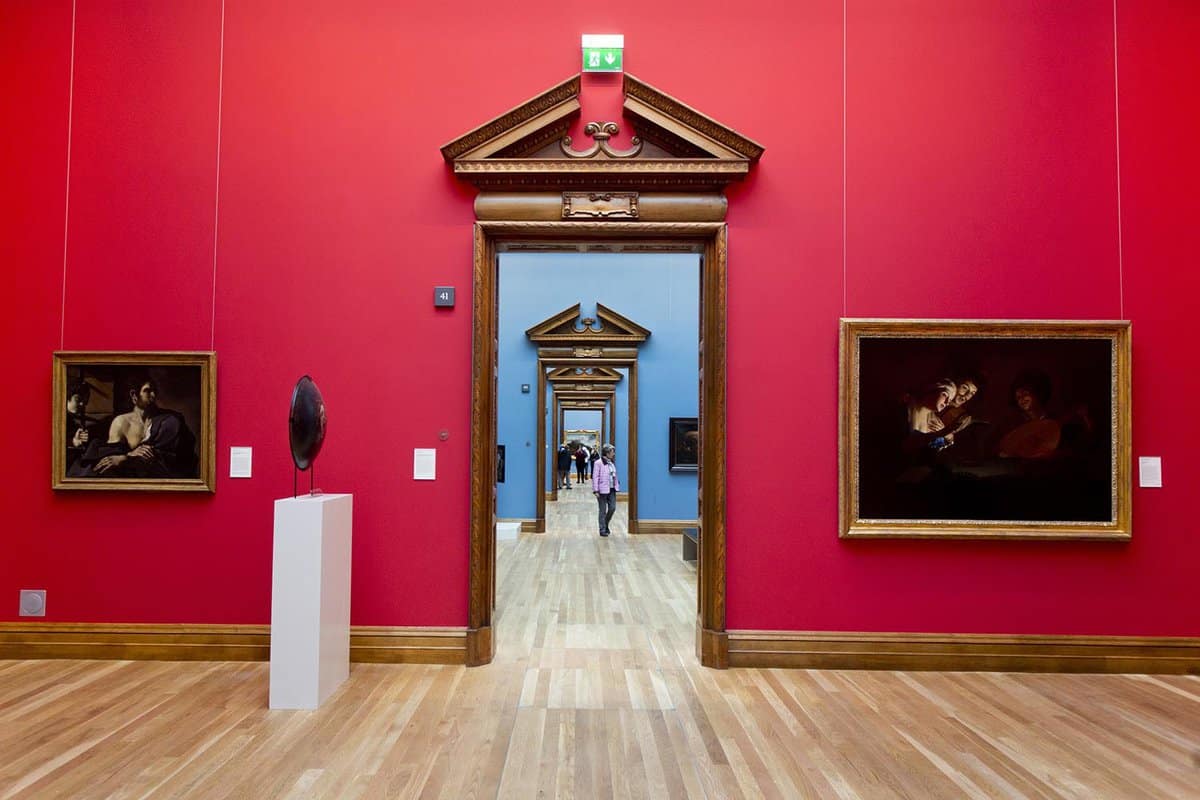 Interior gallery with bright red walls