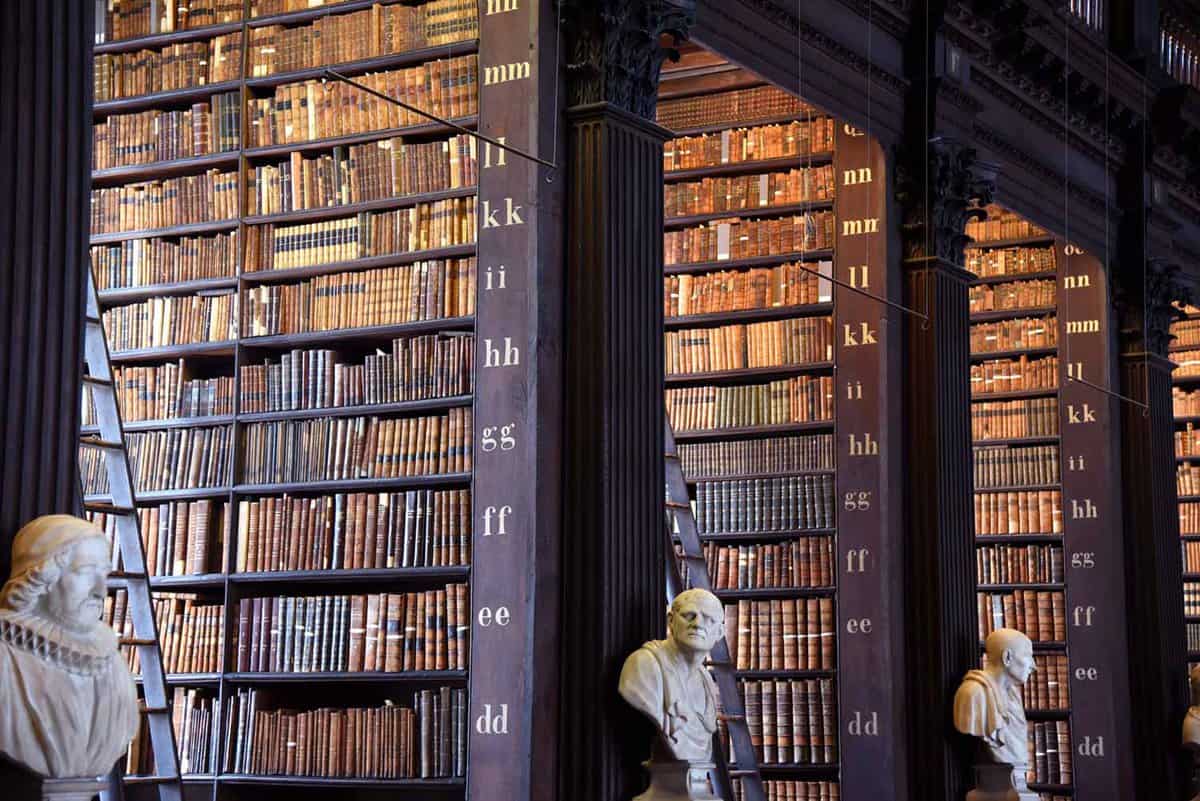 Bookshelves and marble busts in the Long Room in the Old Library
