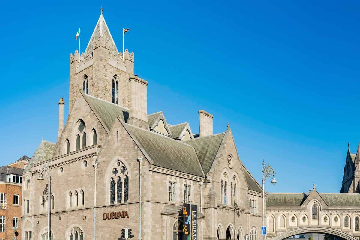 Exterior of the stone Dublinia museum infront of the cathedral