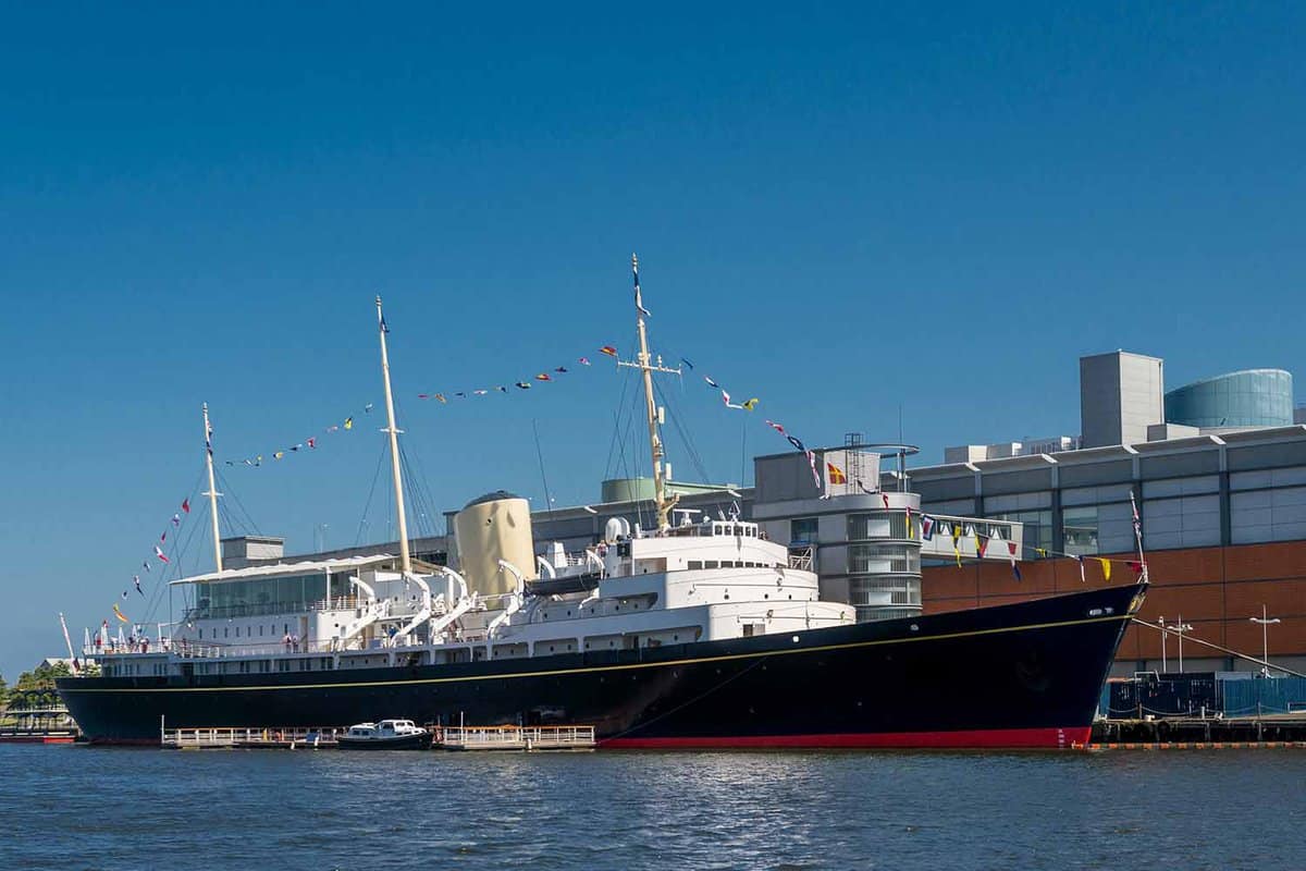 Exterior view of the Royal Yacht Britannia from front side angle