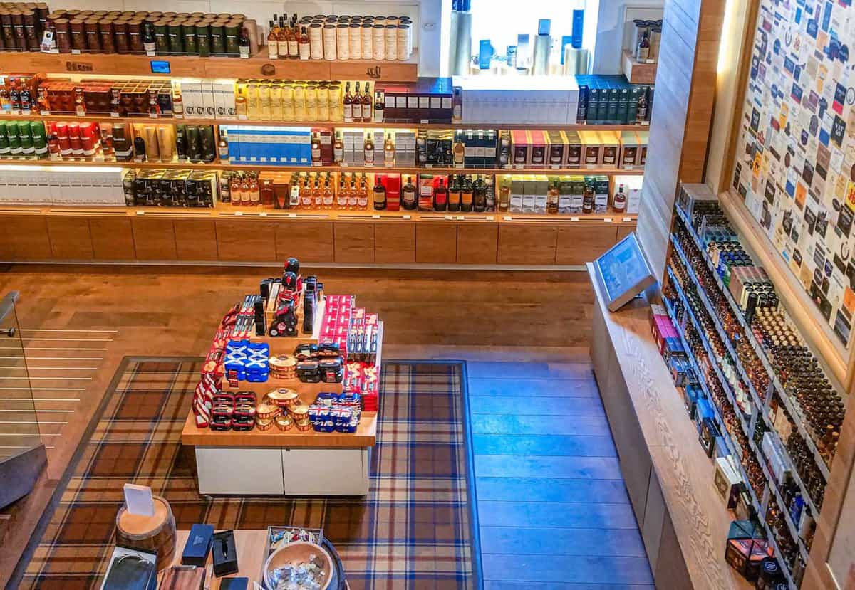The shop inside selling tartan and whiskey products