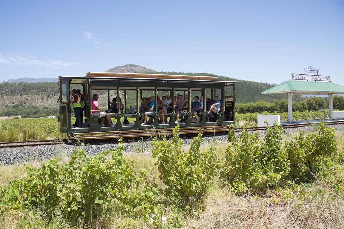 Rickety Bridge Winery a tourist tram ride between vineyards in the Franschhoek Valley Western Cape Southern Africa